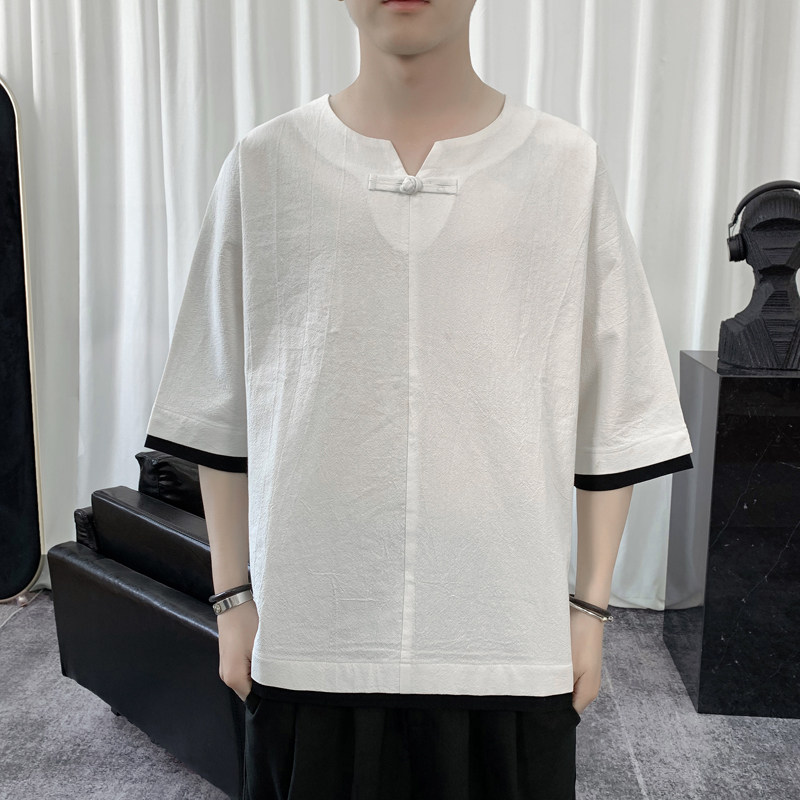 T8882 P45 短句风 撞色拼接青年夏季T恤亚麻棉麻休闲七分袖风图片