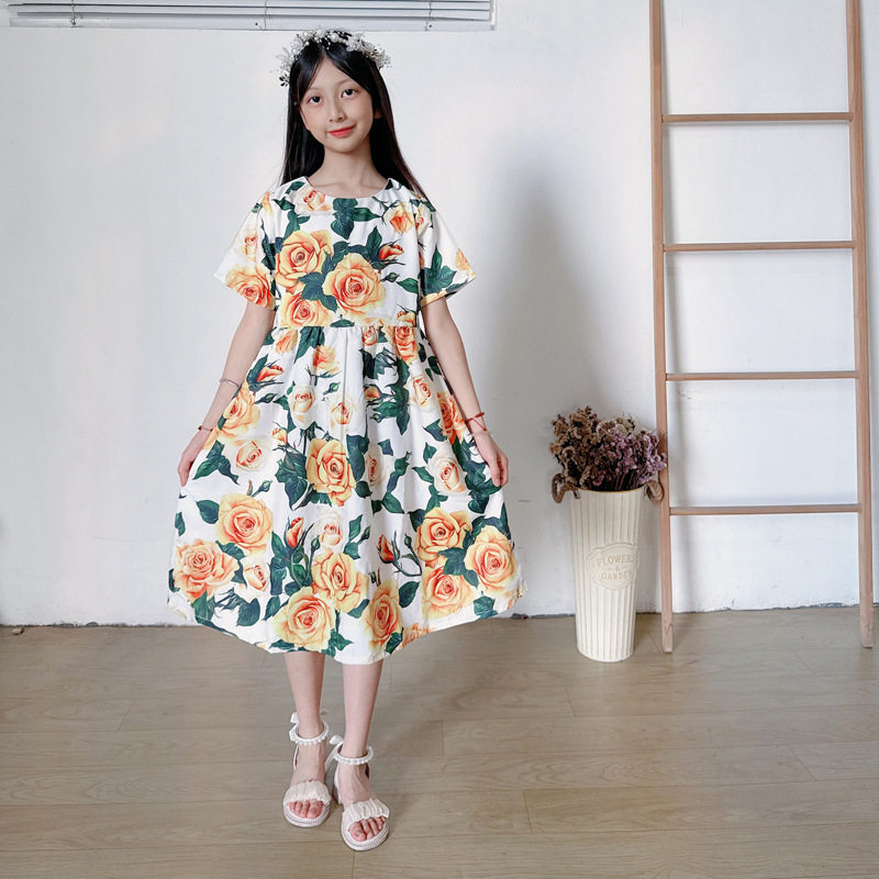 D家2025新款儿童连衣裙夏装女童短袖印花裙子纯棉裙衫洋气公主裙