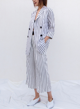春夏轻薄款休闲时髦慵懒风条纹西装套装外套RS03014