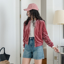 复古丝绒抽褶设计棒球服外套RS03007