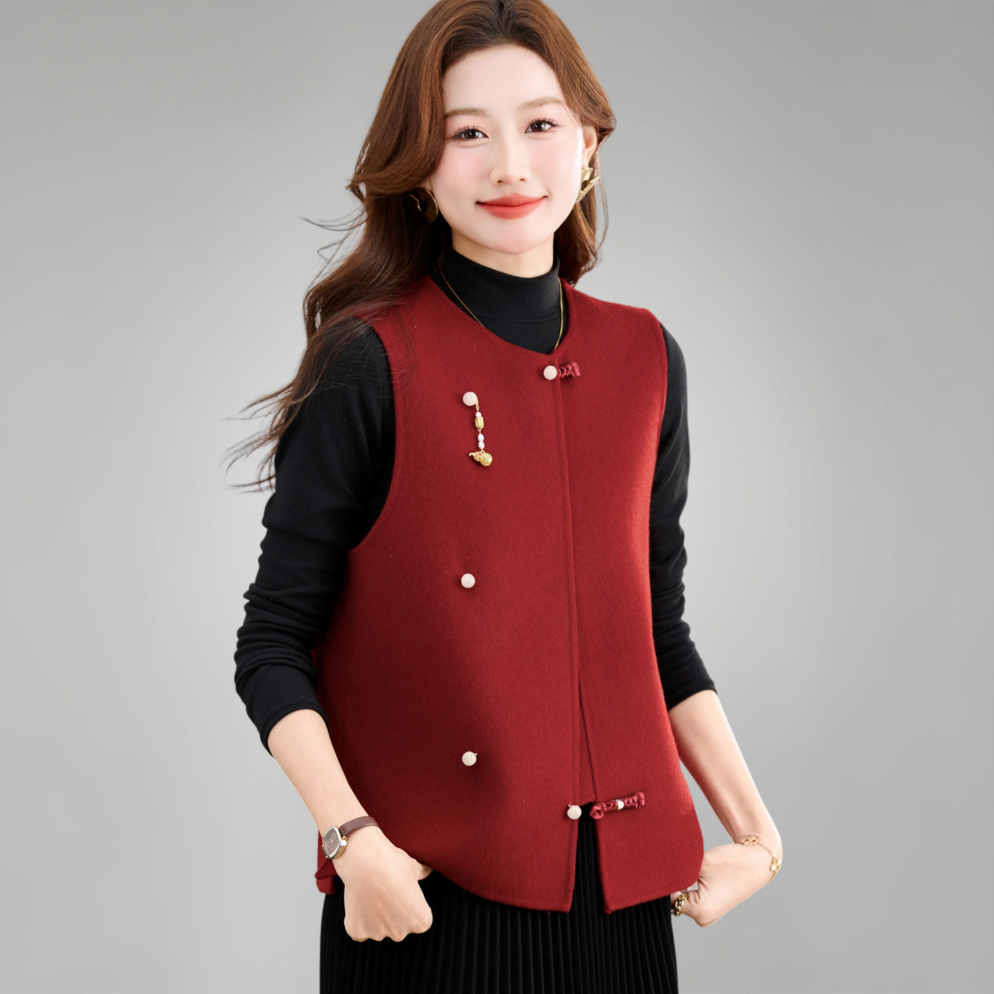 国风马甲女2026春装新款妈妈时髦背心洋气坎肩高端羊毛呢无袖外套