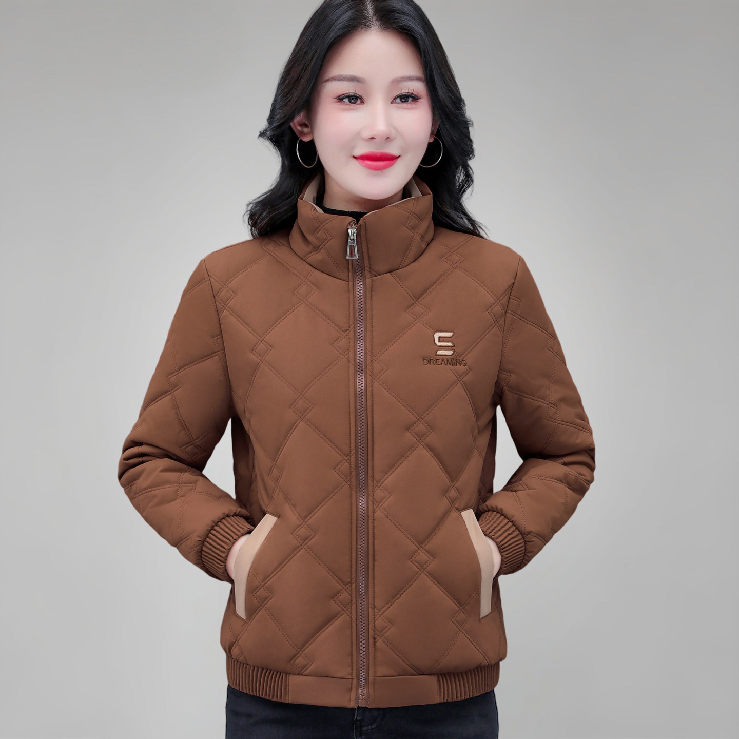 短款棉衣女加绒夹棉立领妈妈外套
