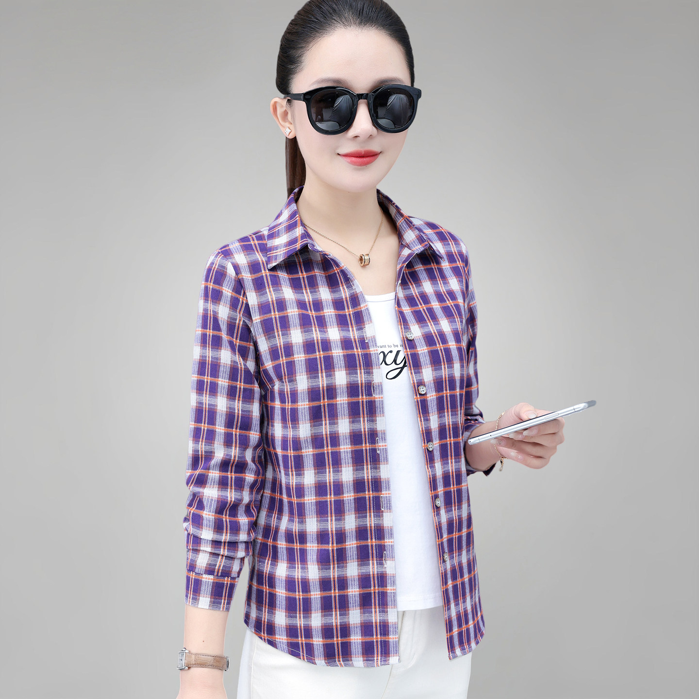 格纹衬衫女款长袖2026春季新款休闲修身上衣洋气妈妈纯棉格子衬衣