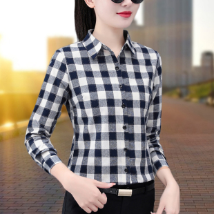 格子衬衣女款长袖2026新款春季女装韩版显瘦纯棉上衣气质妈妈衬衫