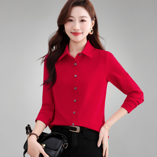 红色衬衫女士长袖2026春装新款洋气百搭上衣妈妈开衫休闲棉质衬衣