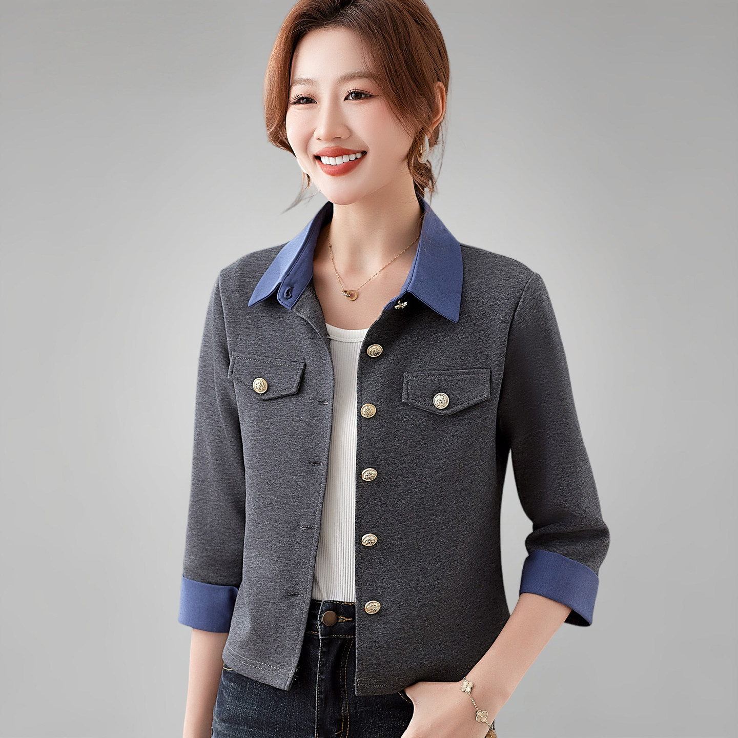 工装外套女短款2026早春新款女士休闲翻领卫衣开衫小个子百搭上衣
