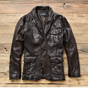 男士 韩版 西服款 常规款 皮夹克商务休闲真皮皮衣 厚山羊皮修身 经典