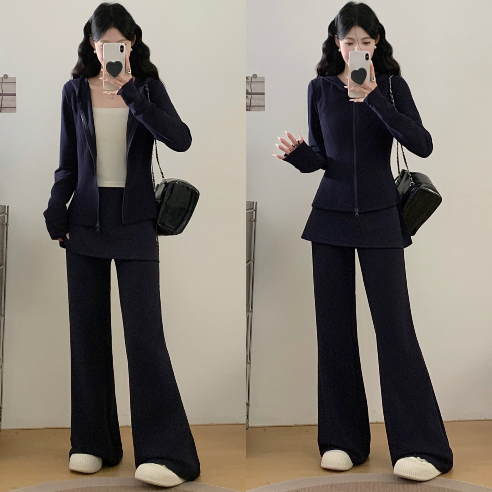 2025秋装新款大码休闲时尚运动显瘦连帽上衣微喇遮胯显瘦长裤套装