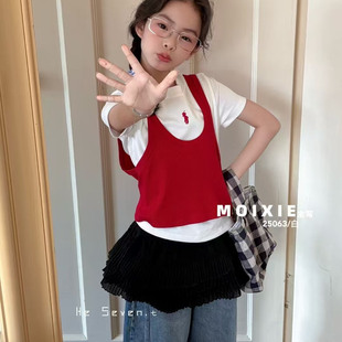 现货2025夏款波拉BORA韩国童装女童两件套针织马甲短袖T恤上衣