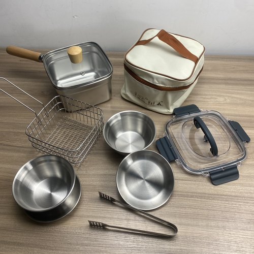 瑕疵不锈钢多功能油炸锅露营套装户外炊具收纳袋1-2人可拆卸锅把