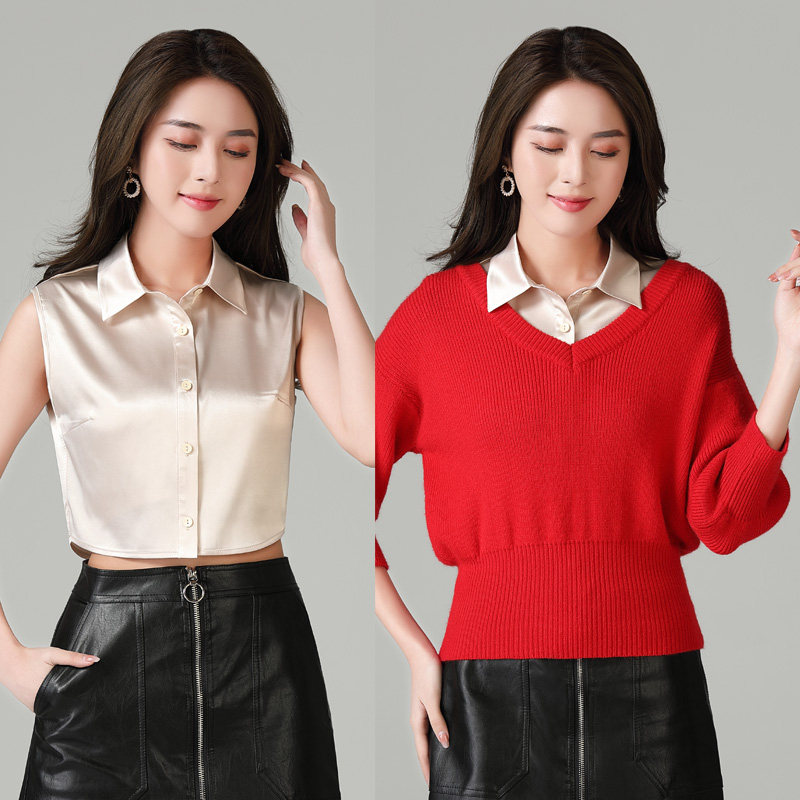 VERSATILE FAUX COLLAR WOMENS HORSE CLIP SHIRT NEW HIGH-END STRETCH SATIN RED SWEATER DECORATED FAKE SHIRT COLLAR SOLID COLOR