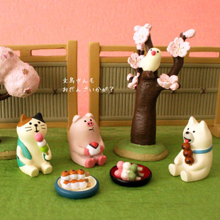 猫部杂货 春季自在猫咪赏樱迷你摆件粉猪大福日本茶文鸟场景道具