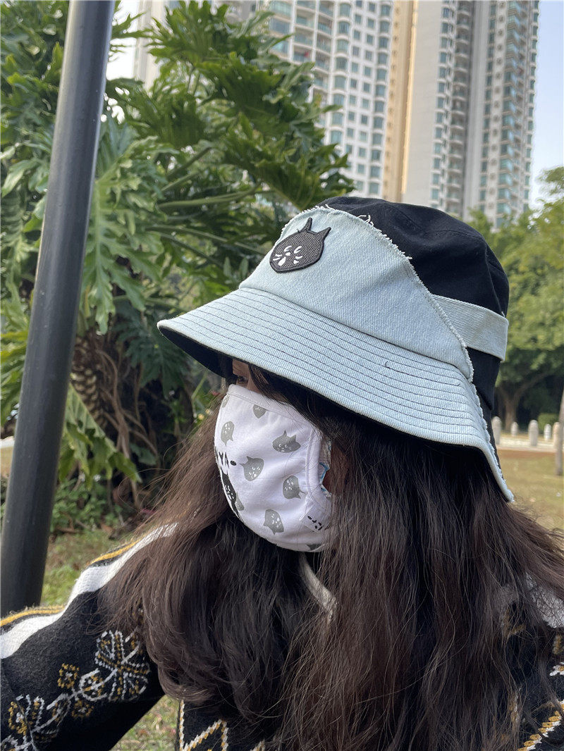 猫部杂货 日本nya酱惊讶猫休闲渔夫帽逛街遮阳防晒太阳帽帆布帽子