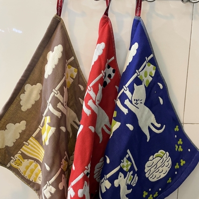 猫部杂货 勤劳的小猫纱布方巾日系卡通猫咪吸水厨房擦手挂巾毛巾