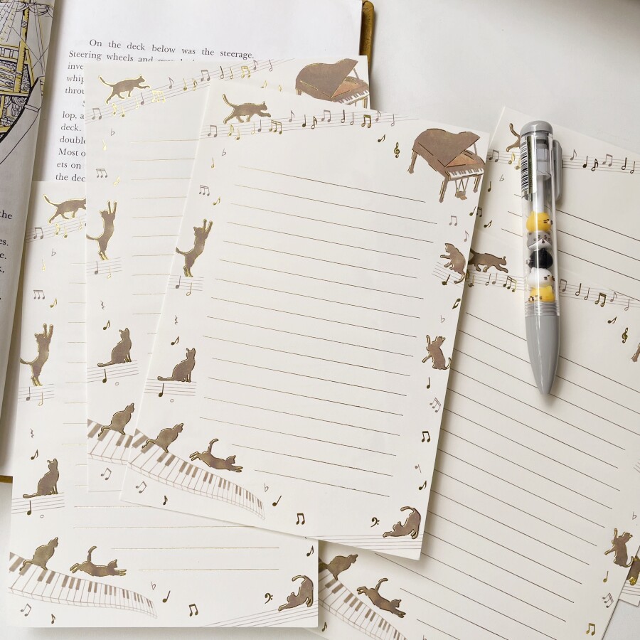 猫部杂货8张日式灵动猫咪钢琴五线谱A5烫金信纸复古卡通小猫信笺