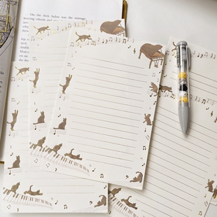 猫部杂货8张日式灵动猫咪钢琴五线谱A5烫金信纸复古淘气小猫信笺