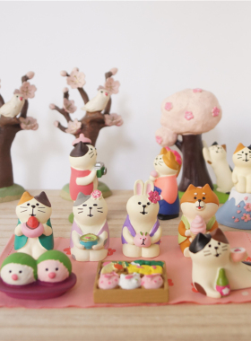 猫咪闺蜜春游赏樱花微场景摆件