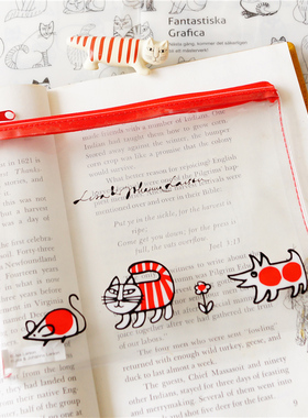 猫部杂货 日单Lisa Larson 条纹猫文件袋 透明猫咪拉链收纳袋