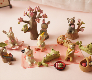 猫部杂货 春季森林野餐茶话会小动物摆件赏樱猫咪迷你摆件