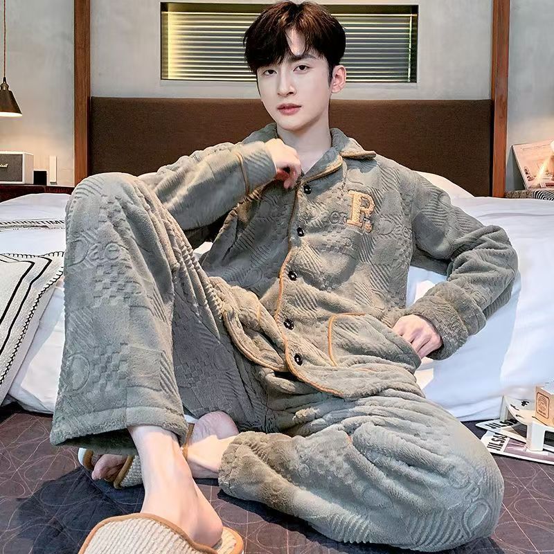 美梦男士睡衣秋冬季2025新款加绒加厚珊瑚绒法兰绒家居服套装