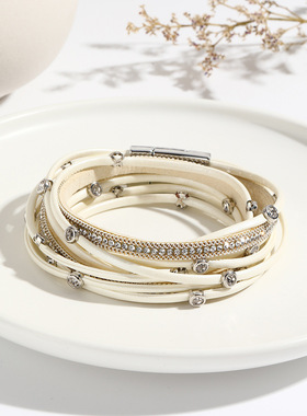 美国国旗独立日波西米亚多根皮条手链时尚编织磁扣手环手镯女镶钻