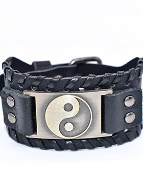欧美复古八卦宽皮真皮手链男士调节表带扣头编织表带扣手链