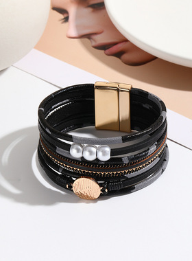 品跨境欧美气质时尚多层手链豹纹珍珠简约款磁吸手镯多根pu皮手饰