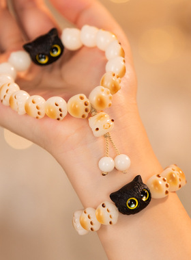 文玩手串爆款木黑爪手串手链男女生黑檀碳烤菩提根小黑猫