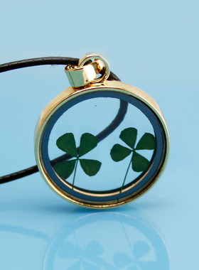 diy手作新款合金相框四叶草pu腊绳项链吊坠