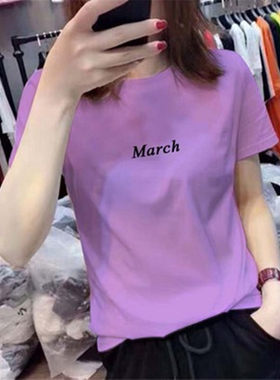 舒适质感不透印花圆领字母上衣服