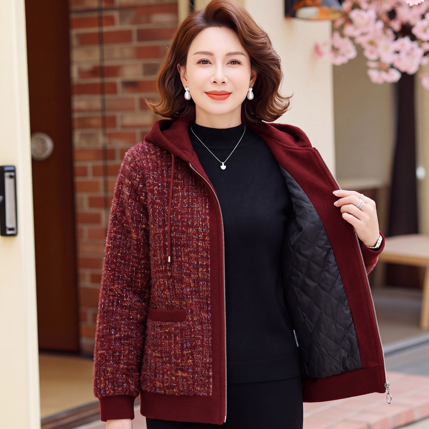 中老年女洋气水貂绒加棉连帽外套