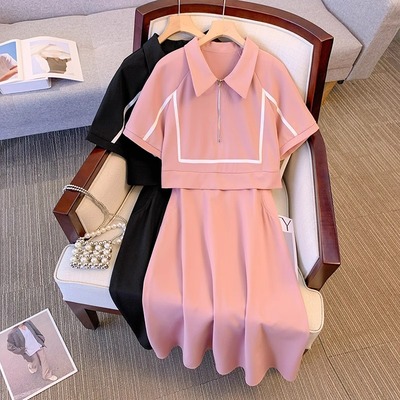 假两件拼接Polo领连衣裙女2024夏季时尚气质宽松大码短袖中长裙潮