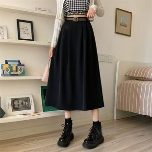 温柔风腰带百搭宽松纯色A字半身裙法式 长裙子 高级感减龄百褶夏装