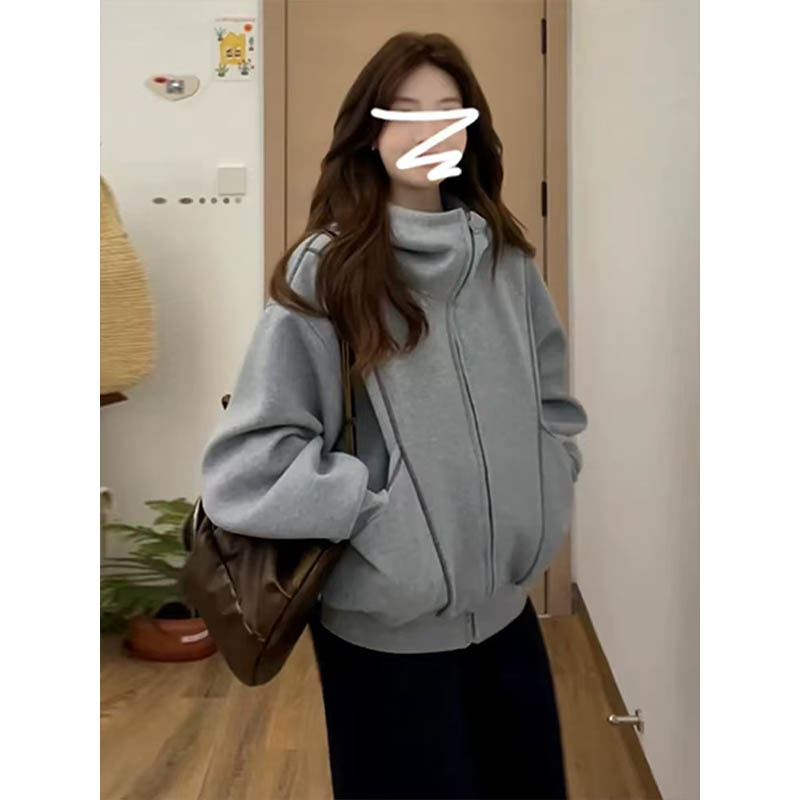 胖妹妹保暖宽松开衫纯色上衣外套韩版高级感简约加厚女休闲女卫衣