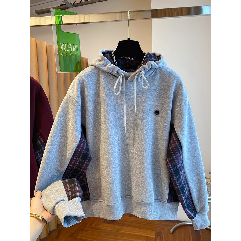 胖mm温柔风格子拼接加厚百搭卫衣小外套韩版冬装松弛感连帽女上衣