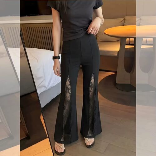 胖MM高级感纯色开叉修身喇叭裤女韩版温柔风减龄蕾丝拼接女长裤子