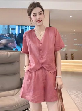 夏装短袖V领休闲上衣阔腿短裤子两件套纯色高级感时尚运动套装潮