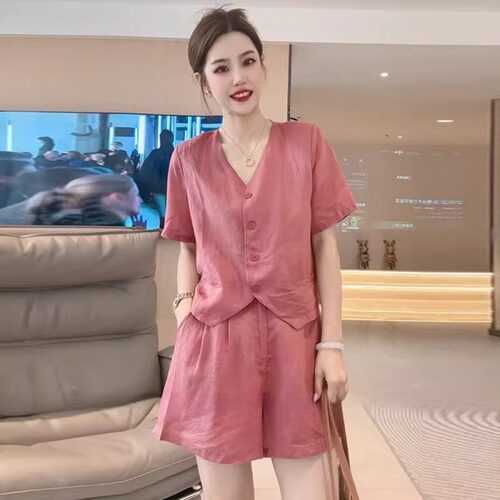 夏装短袖V领休闲上衣阔腿短裤子两件套纯色高级感时尚运动套装潮