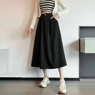 口袋长裙A字大摆裙子 高腰通勤纯色西装 伞裙女夏季 2025年大码 新款