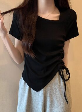 夏装显瘦修身短袖体恤衫法式不规则纯色百搭大码抽绳女款打底上衣