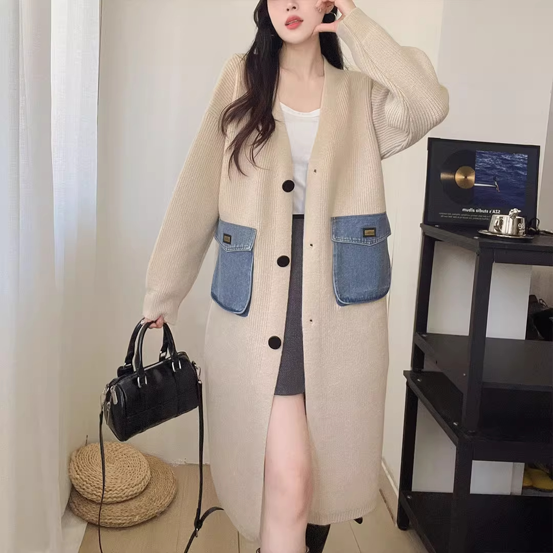 胖mm时尚牛仔拼接中长款过膝女开衫外套温柔风复古减龄毛衣针织衫