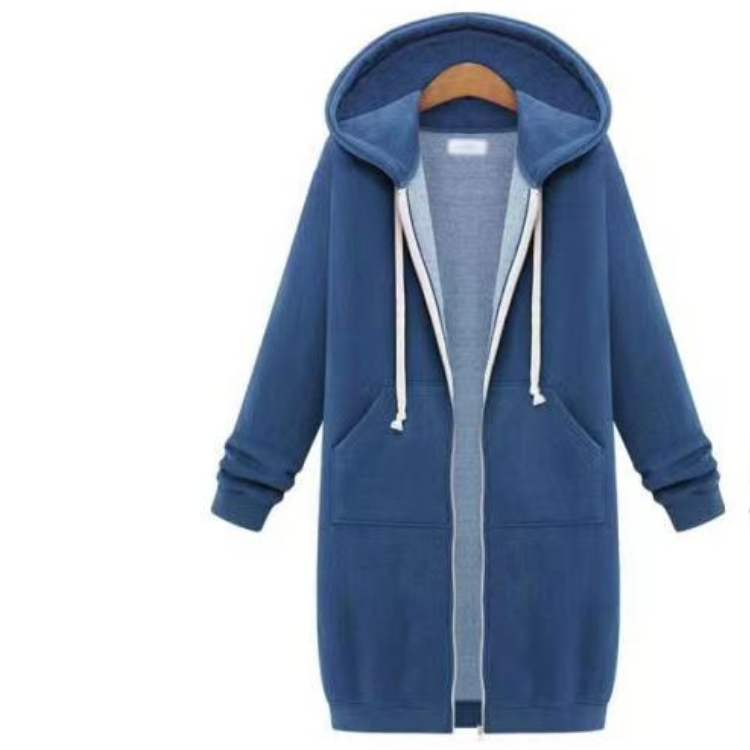 女装过膝显瘦连帽冬慵懒风上衣新款加薄绒中长款纯色开衫卫衣外套