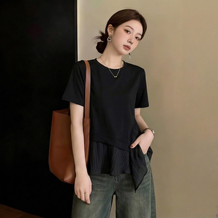 胖MM韩版温柔风纯色内搭女款打底衫短袖假两件雪纺拼接T恤衫上衣