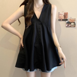 A字小短裙子韩版 V领女装 纯色洋气宽松小黑背心连衣裙 别致无袖 夏装