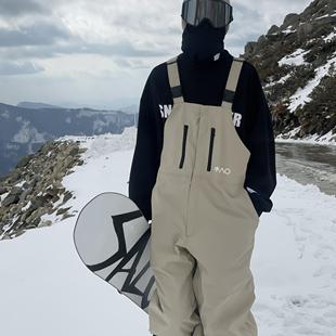 雪否 卡其色单板3L滑雪防水over size加绒透气全压胶滑雪背带裤