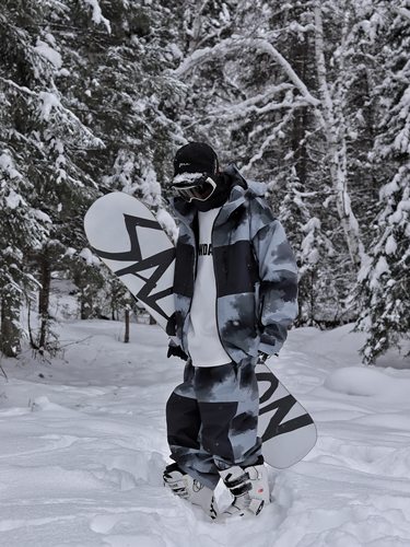 雪否 黑灰印花滑雪套装 加绒防水防风宽松oversize单板滑雪服套装