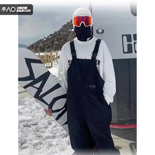 雪否 黑色单板3L滑雪防水over size加绒透气全压胶滑雪背带裤
