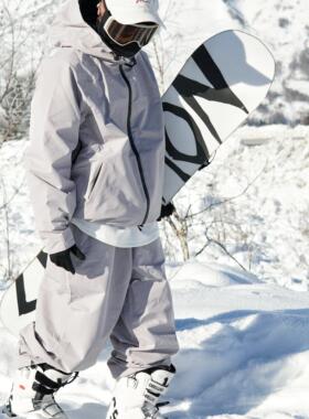 雪否 加绒灰色防水防风滑雪套装分体潮款oversize雪服单板滑雪服