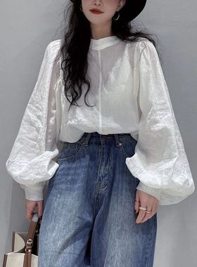 BOLATU柏拉图棉麻衬衫 2023年春夏新款小众洋气泡泡长袖女上衣