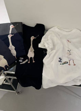 欧洲站BOBO1972春夏新款趣味插画印花绅士鹅宽松落肩短袖T恤女潮